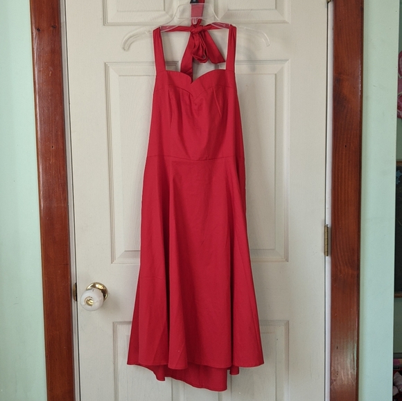Red halter, dress lace up back, ties at waist - Picture 2 of 6